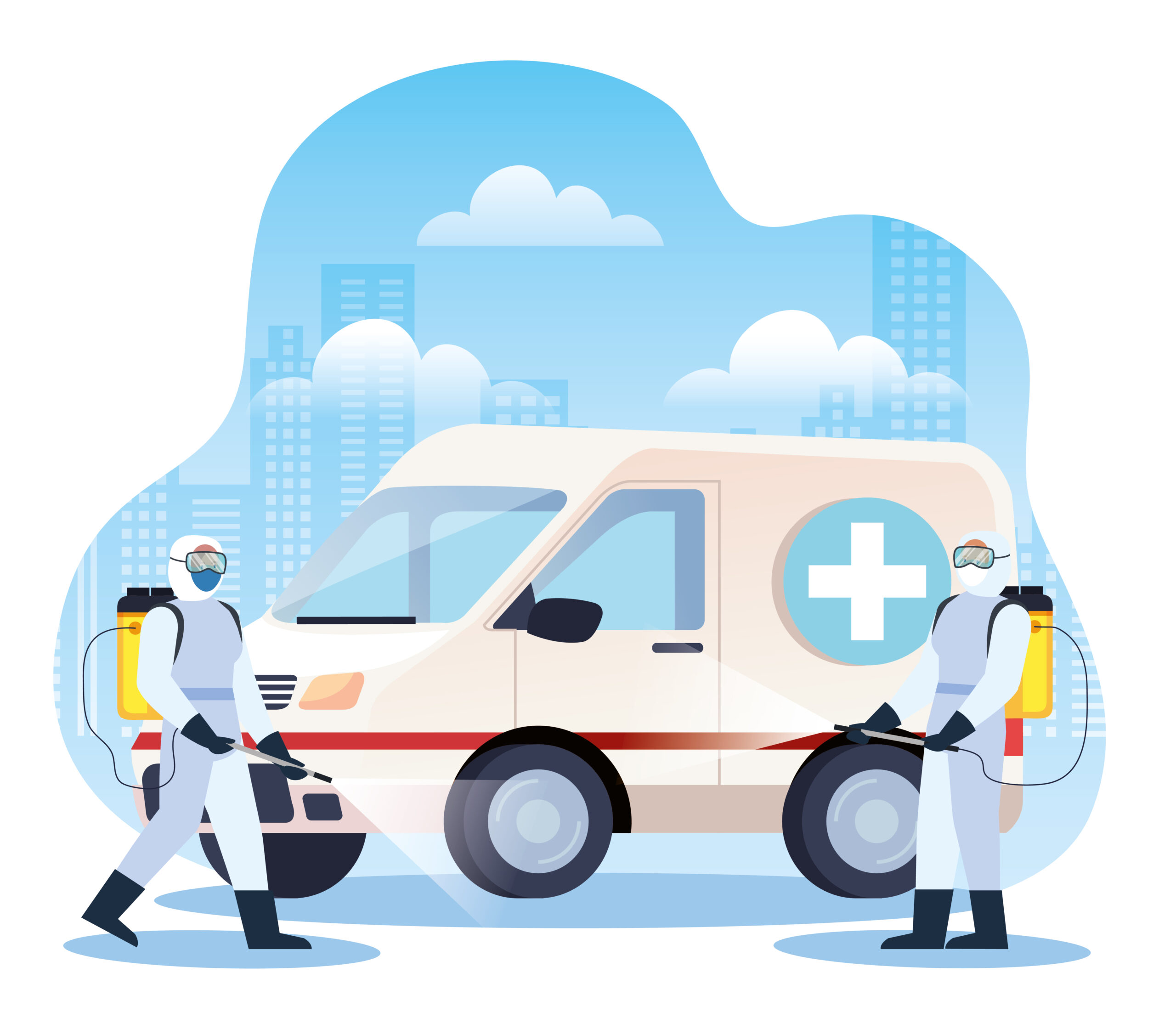 vehicle ambulance disinfectant services for covid 19 disease vector illustration design
