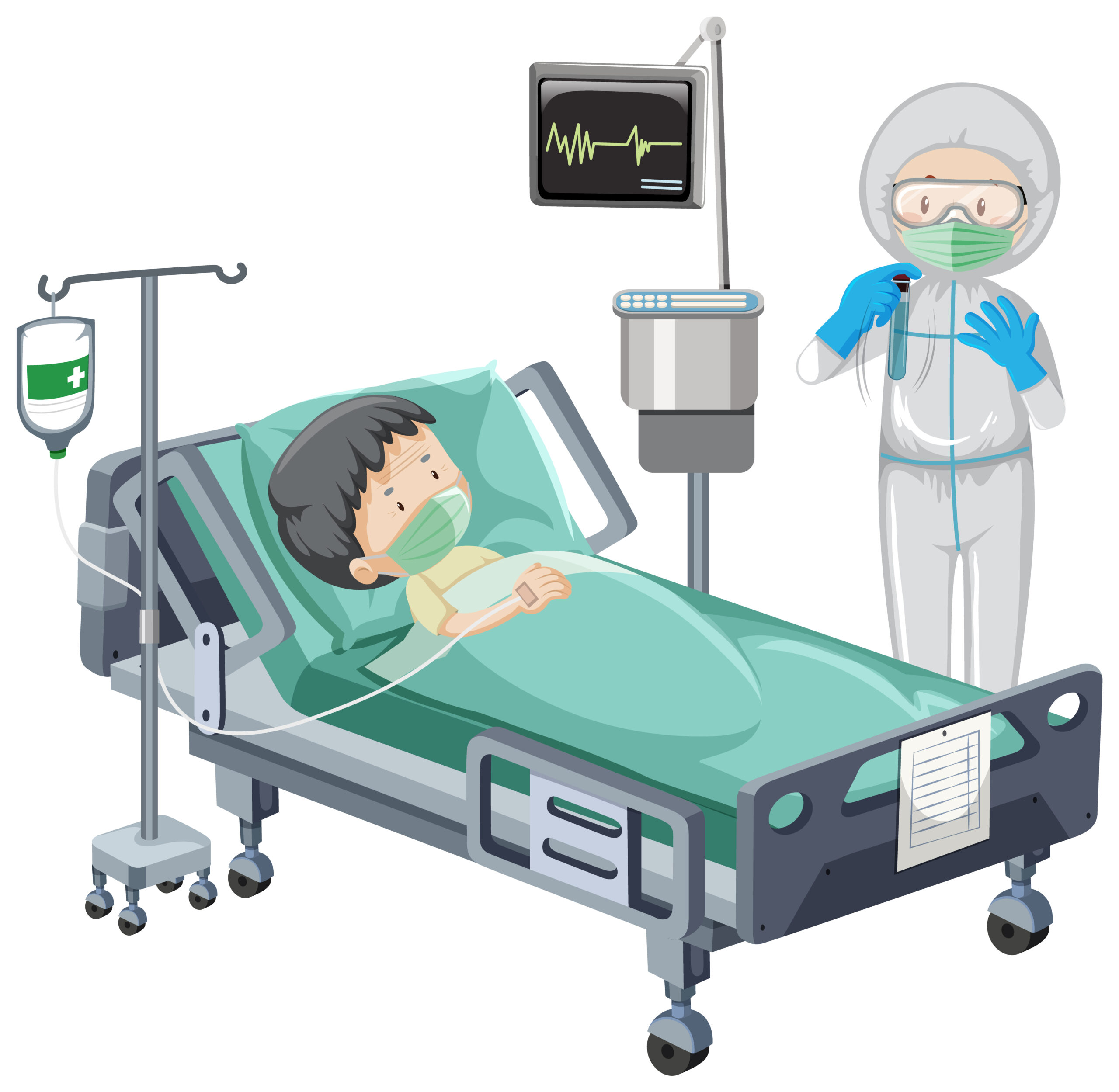 Hospital scene with sick patient in bed on white background illustration